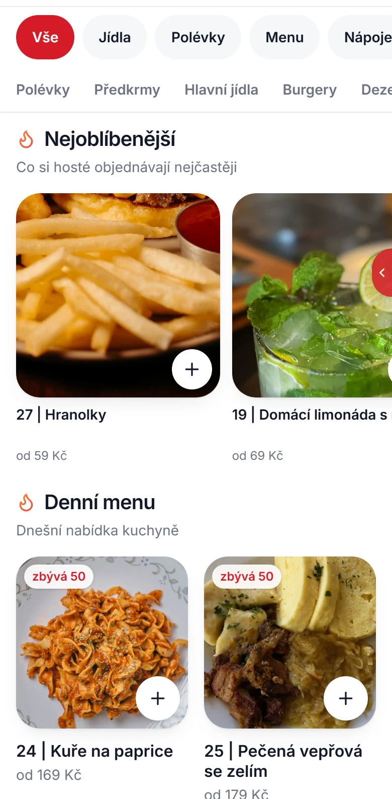 Menu v telefonu hosta: kategorie jídel a karty s fotkami a cenami