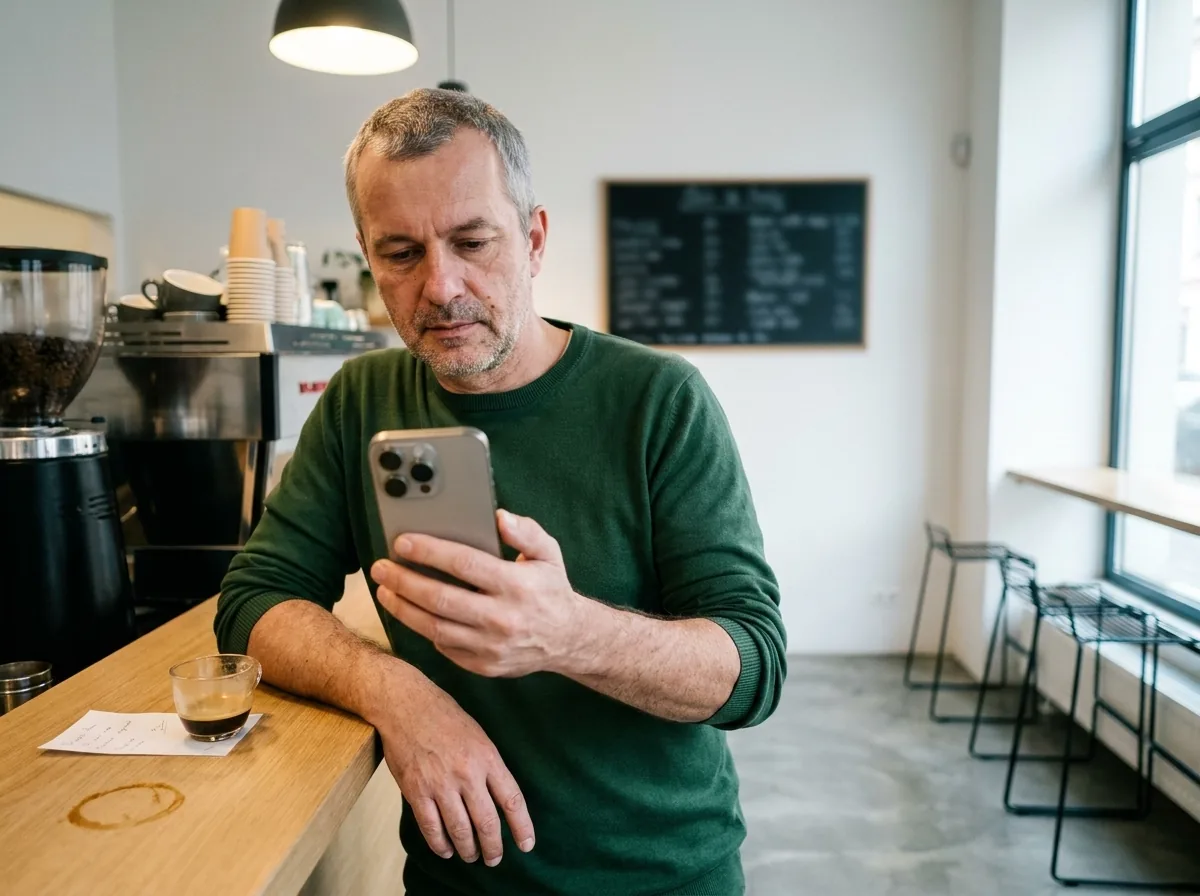 Majitel u pultu zadává polední menu do telefonu