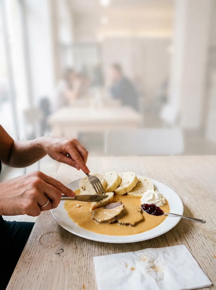 Talíř poledního menu na stole ve světlém bistru