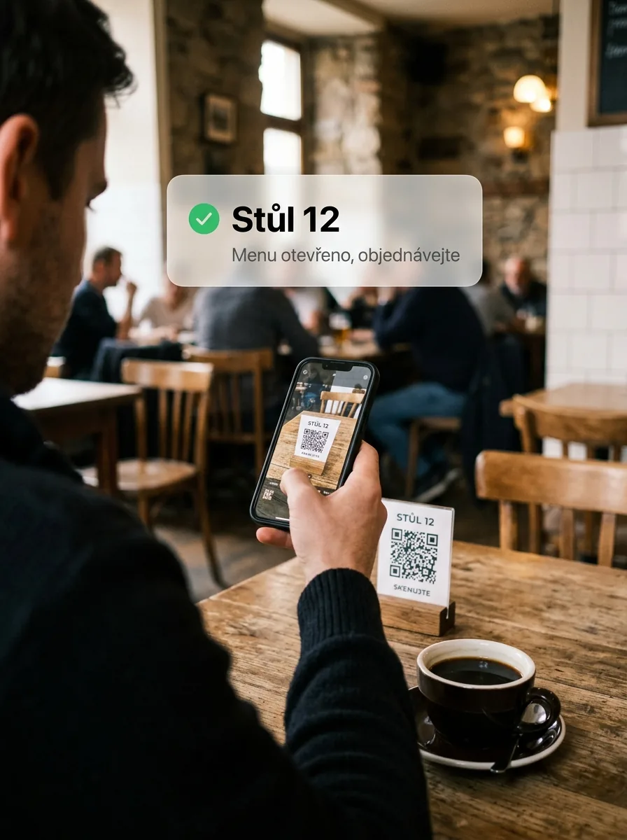 Host skenuje QR kód ze stojánku na stole