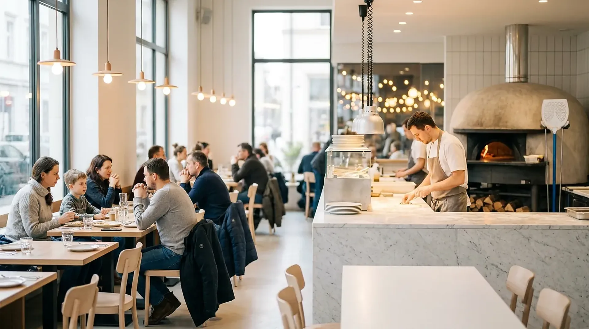 Hosté v moderní pizzerii u stolů