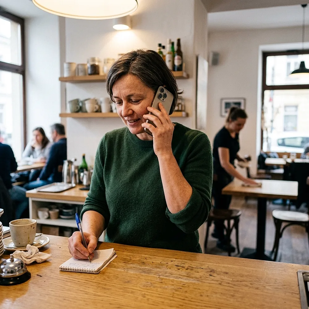 Majitelka kavárny telefonuje u pultu a zapisuje si poznámku