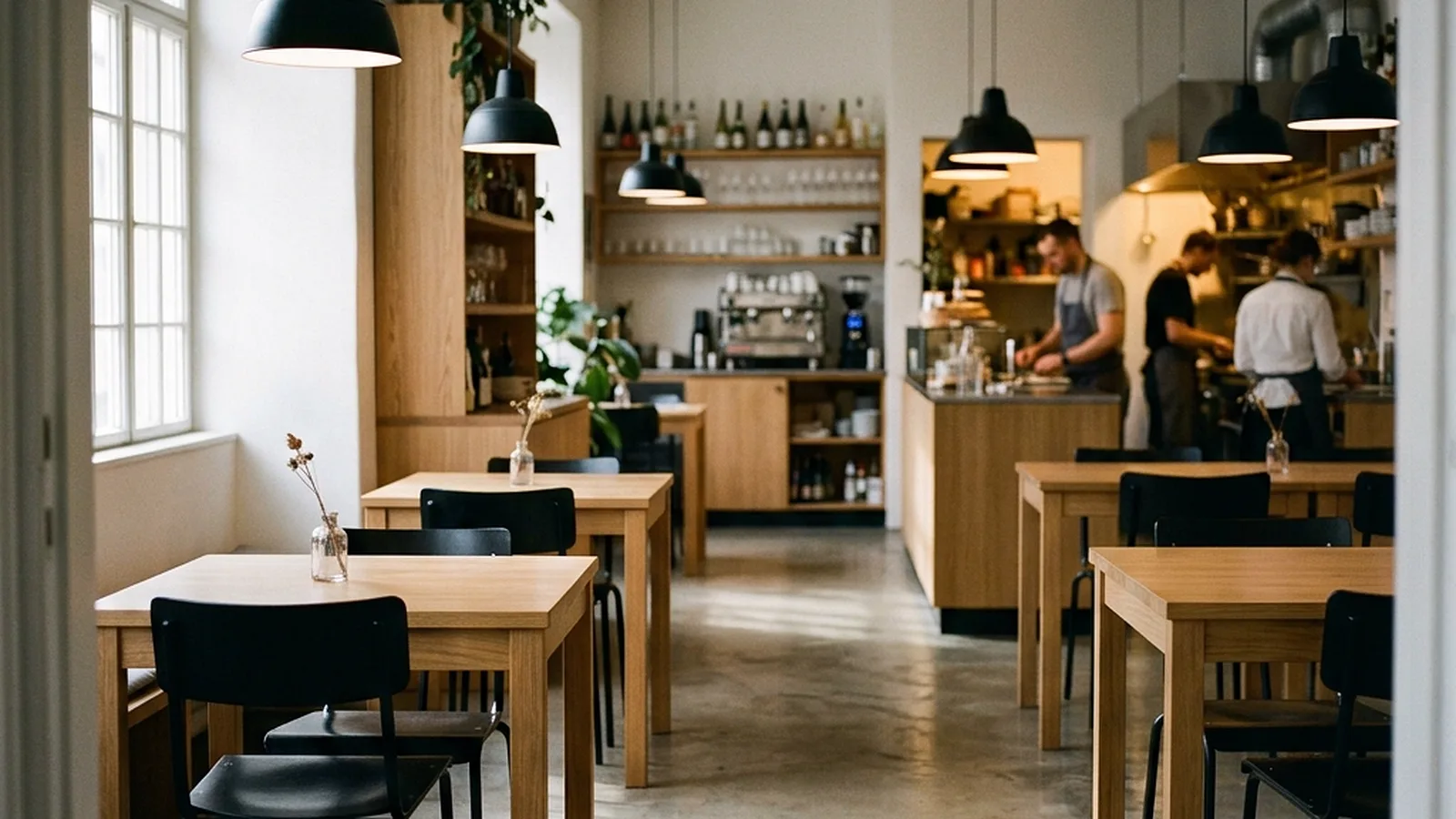 Světlé bistro ráno před otevřením, prostřené stoly a obsluha u pultu