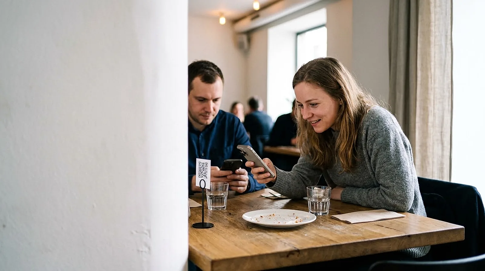 Host u stolu si objednává z menu v telefonu