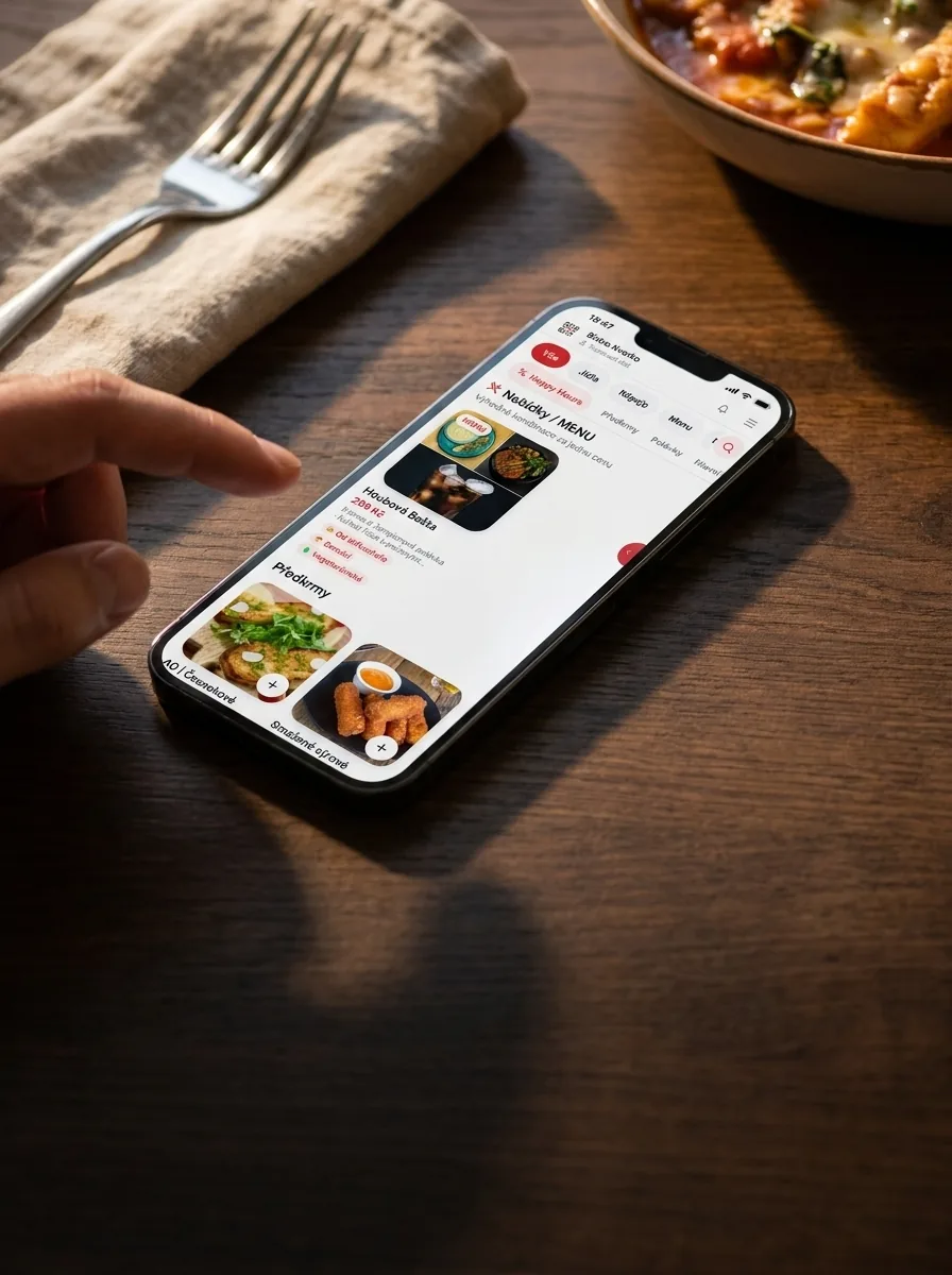 Host u stolu si prstem prochází jídelní lístek v telefonu