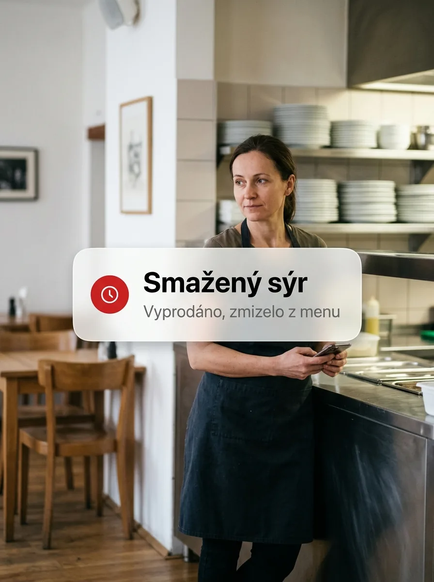 Kuchařka u výdeje označuje vyprodané jídlo