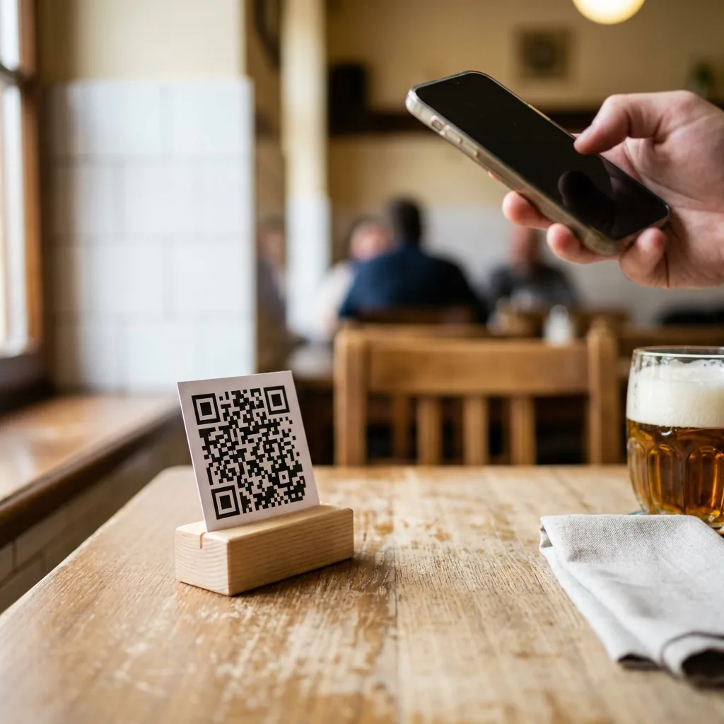Stojánek s QR kódem na stole restaurace