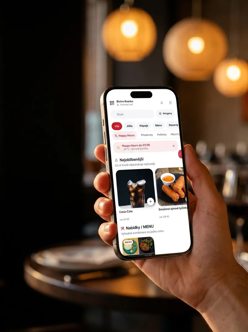 Ruka drží telefon s menu s fotkami jídel