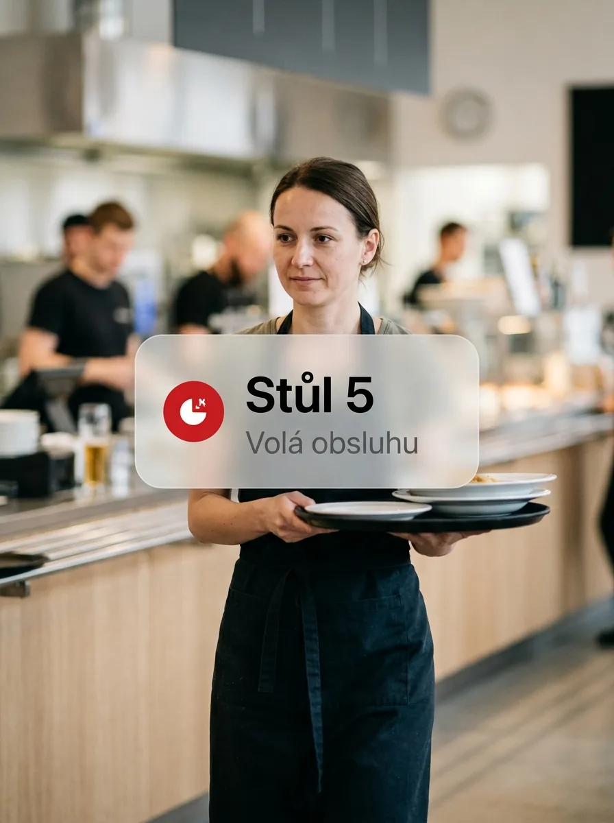 Číšnice s tácem přichází ke stolu, který ji přivolal