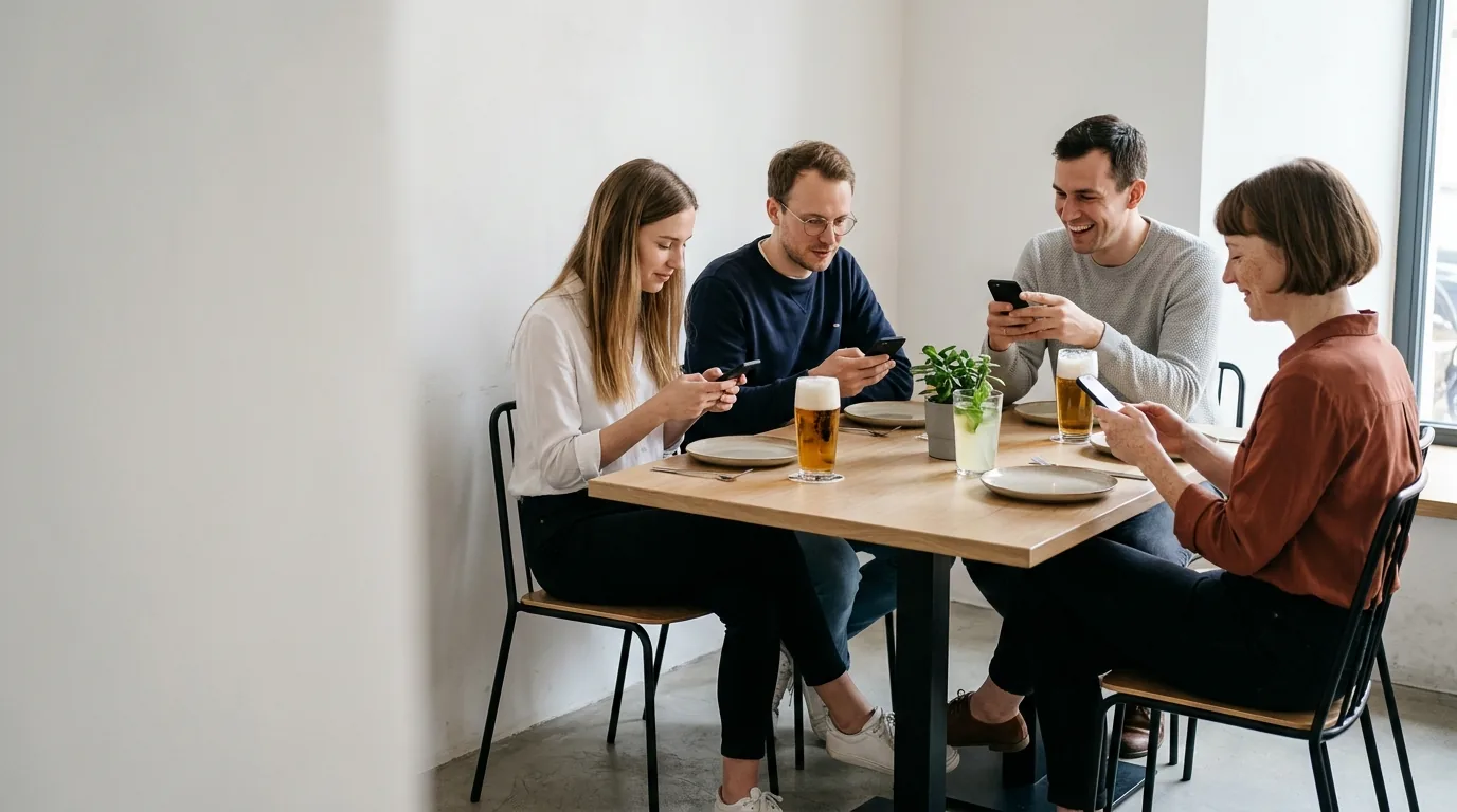 Čtyři přátelé u stolu, každý platí svou část v telefonu