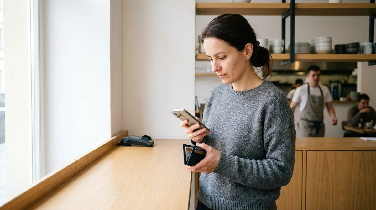 Hostka u pultu kontroluje doklad v telefonu hned po zaplacení