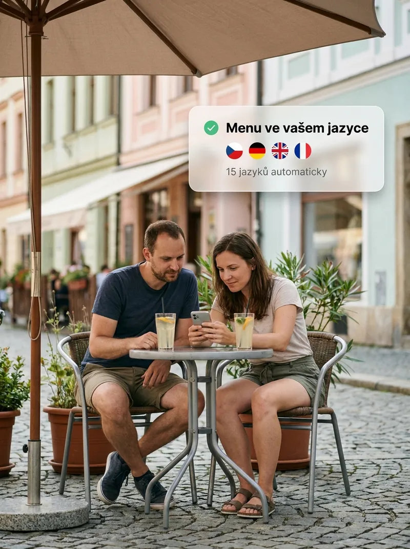 Zahraniční hosté na terase s menu ve svém jazyce