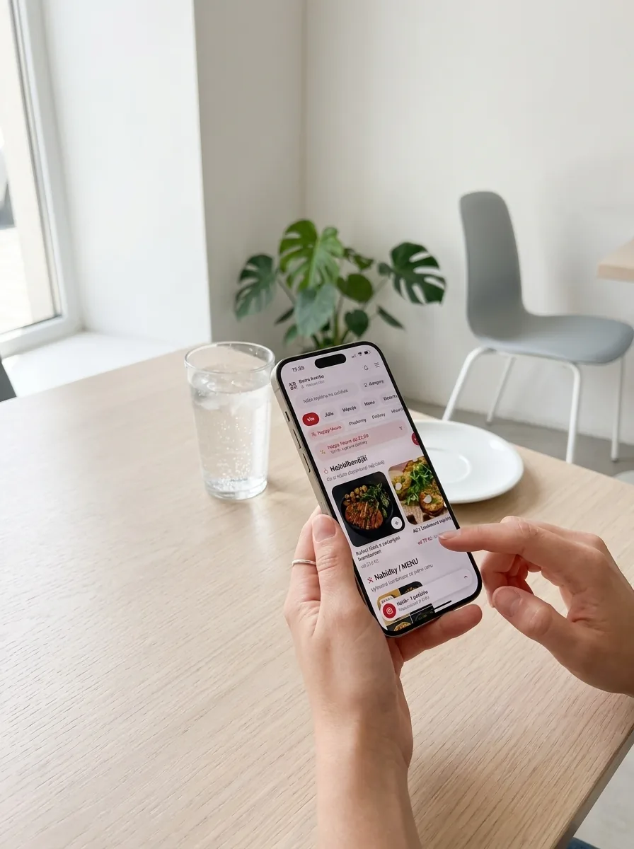 Host u stolu drží telefon s aplikací