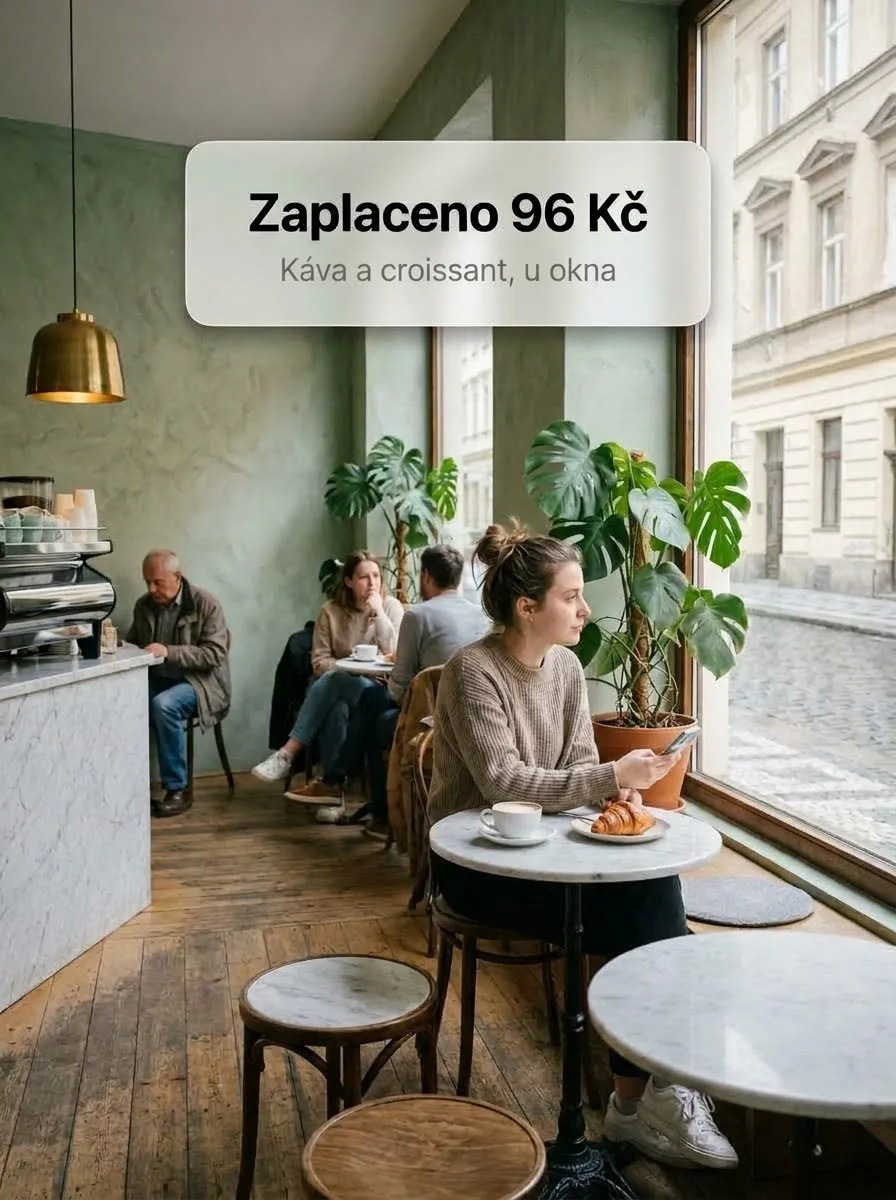 Hostka v kavárně u okna zaplatila kávu telefonem