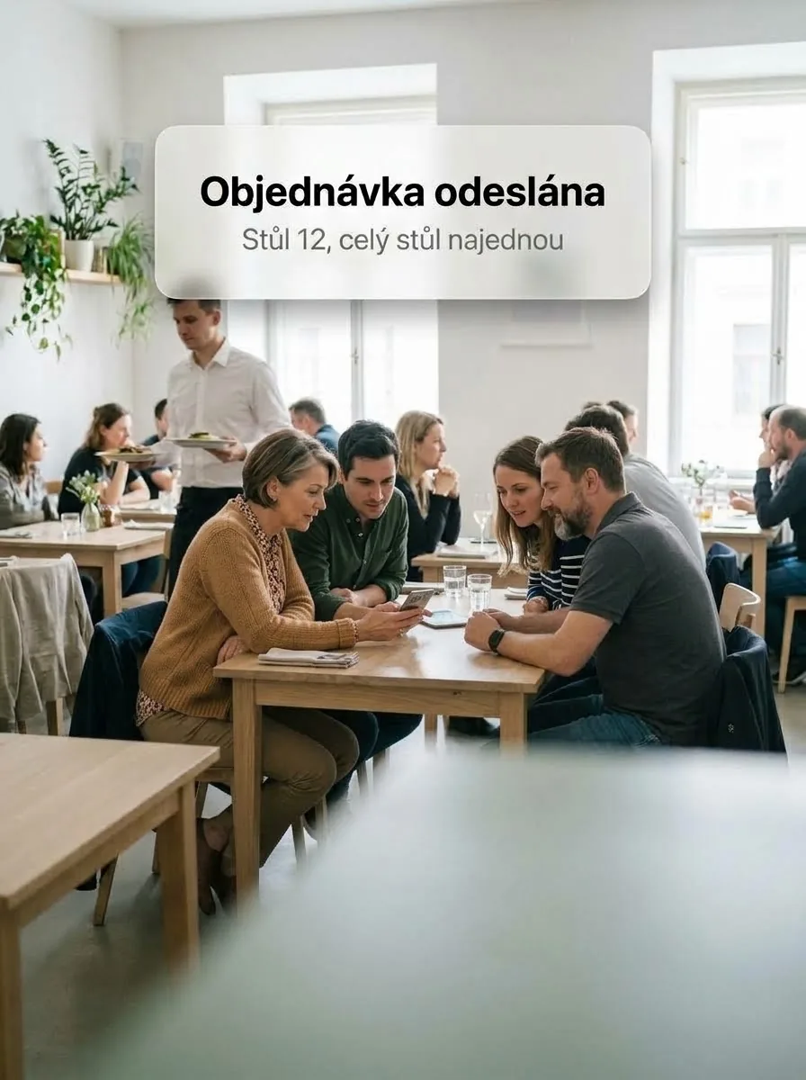 Čtyři přátelé v plné restauraci objednávají z jednoho telefonu