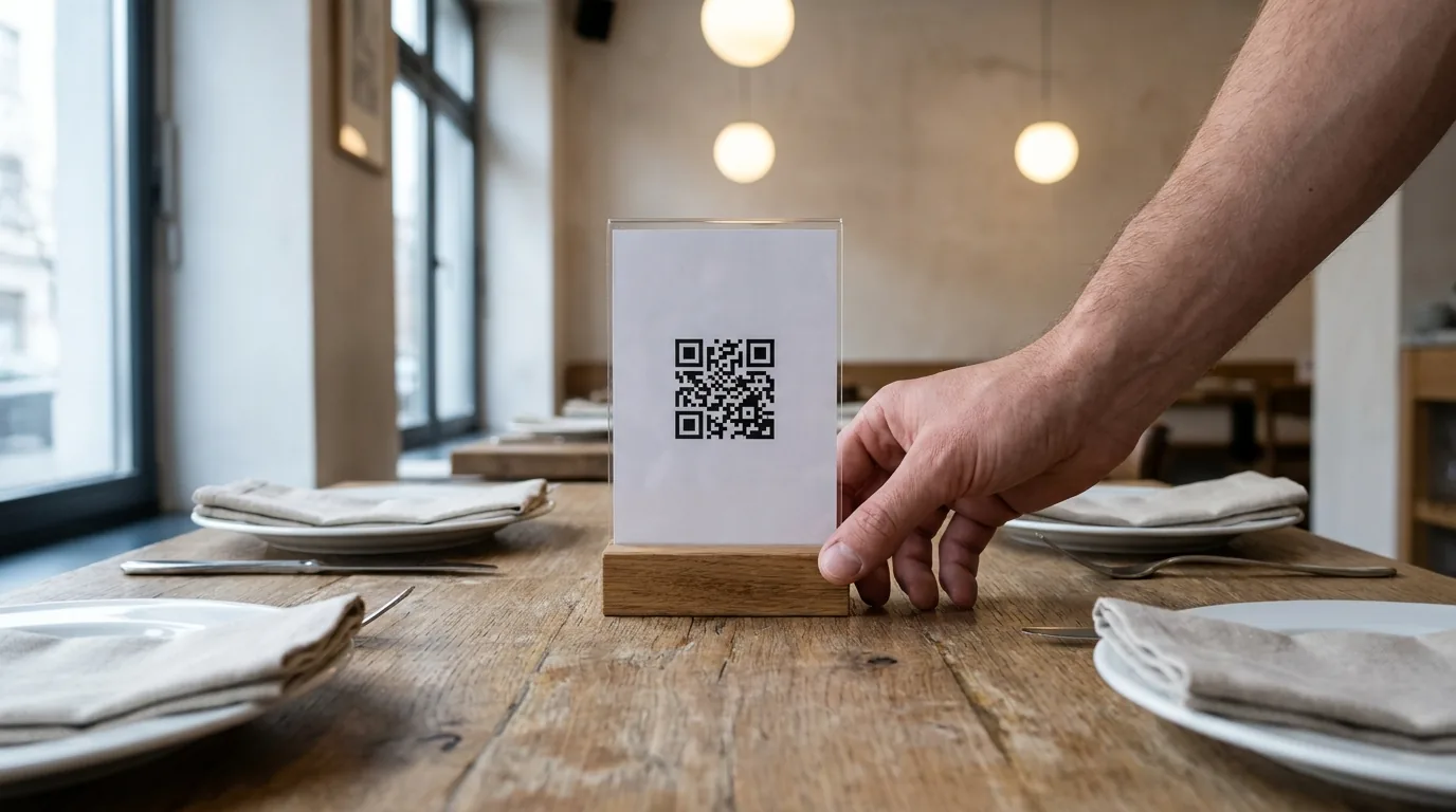 Ruka staví QR stojánek na prostřený stůl v restauraci