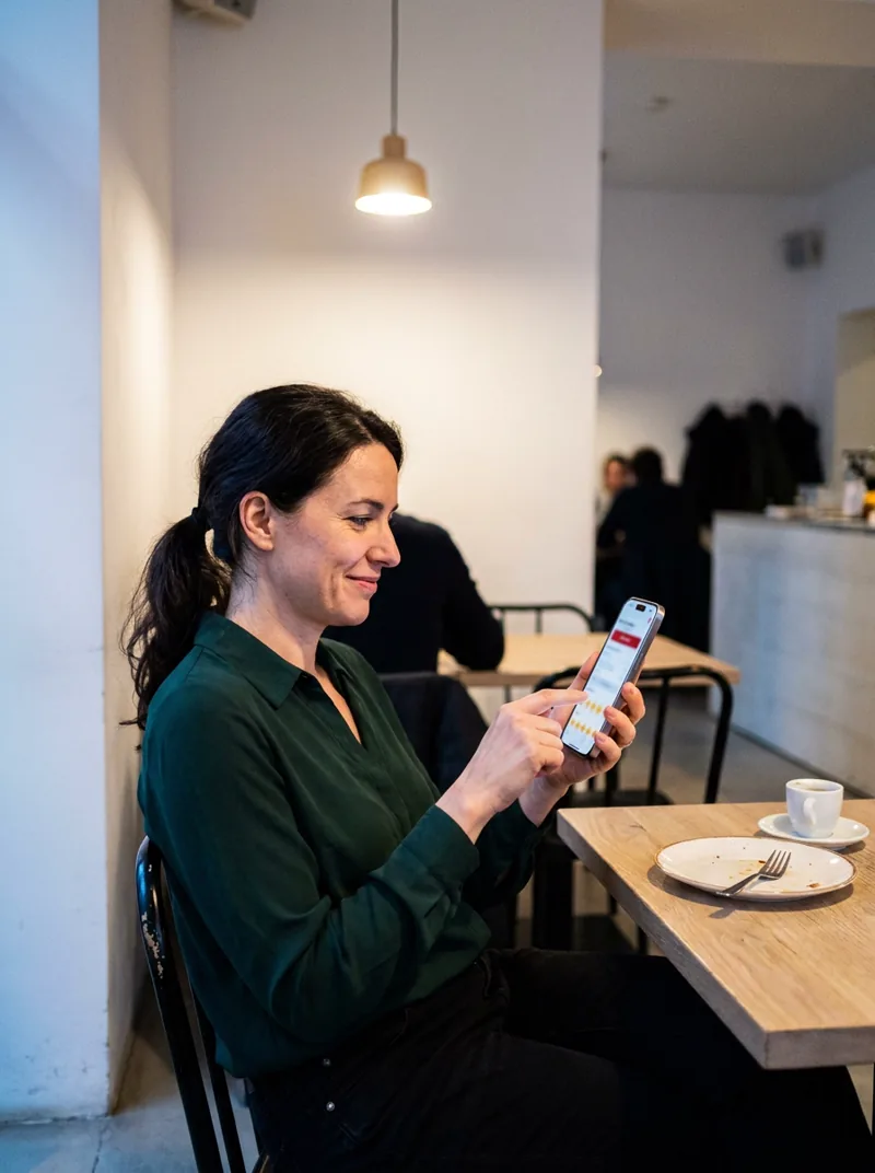 Hostka ťuká hvězdičky v telefonu po zaplacení u stolu