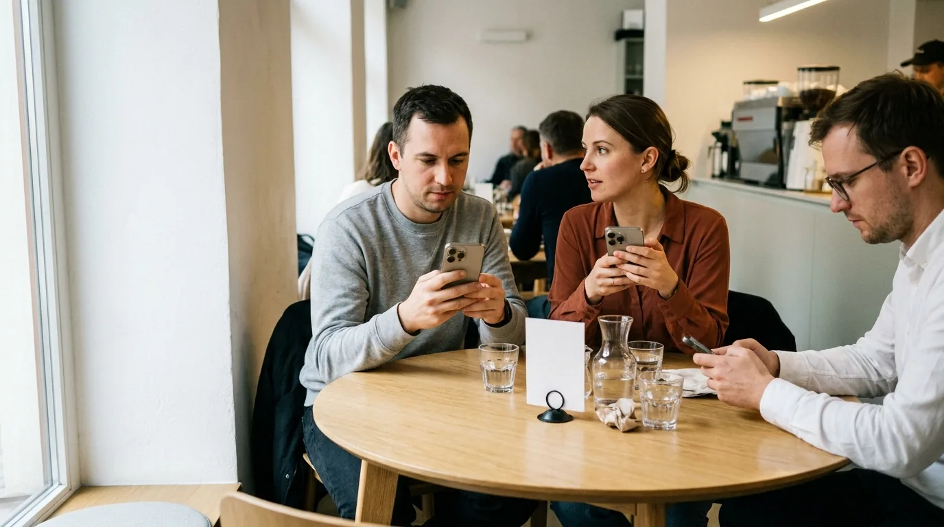 Tři hosté u jednoho stolu objednávají každý ze svého telefonu