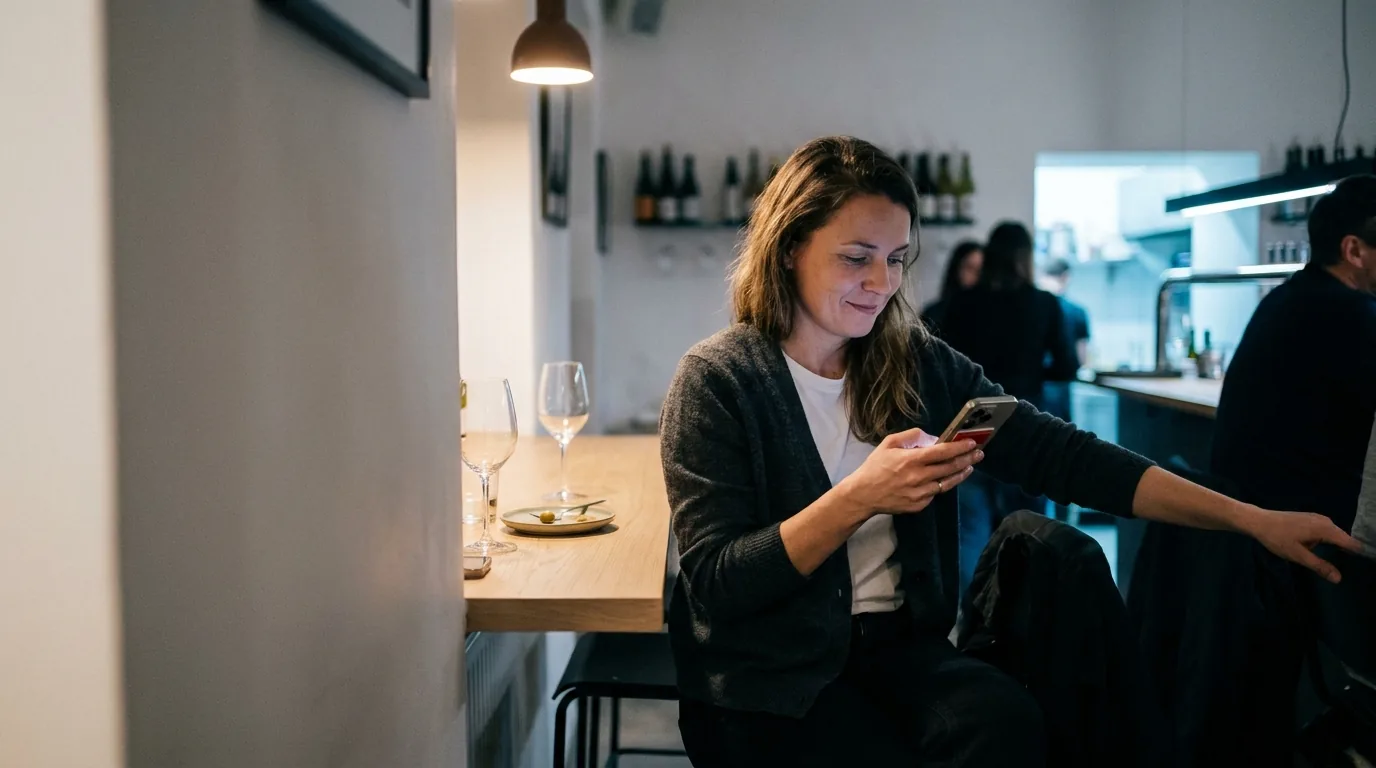 Hostka platí z telefonu na konci večera ve vinném baru