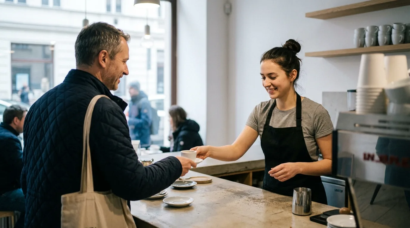 Barista podává hostovi kávu přes pult kavárny
