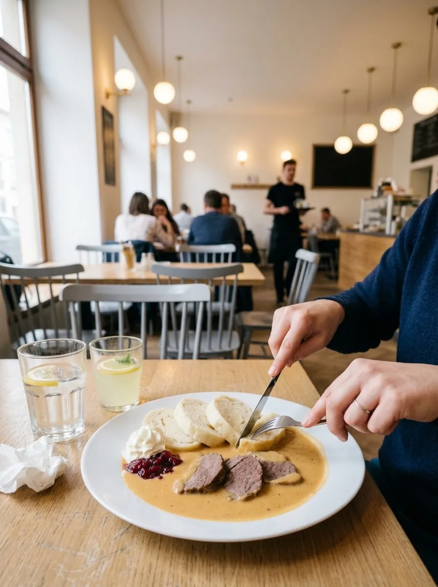 Host krájí svíčkovou s knedlíky u okna světlého bistra