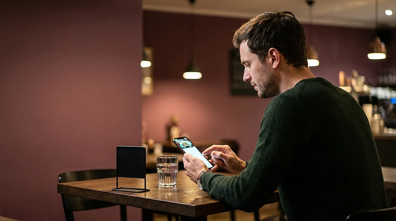 Host u stolu objednává z telefonu z menu s fotkami