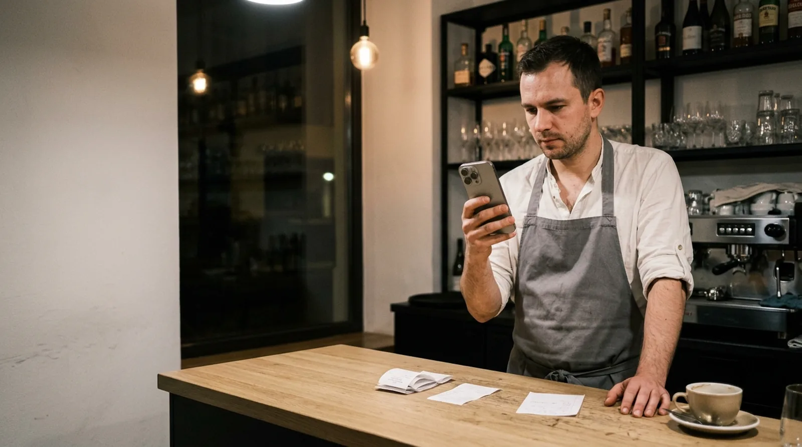 Číšník za pultem večer kontroluje tržby dne v telefonu