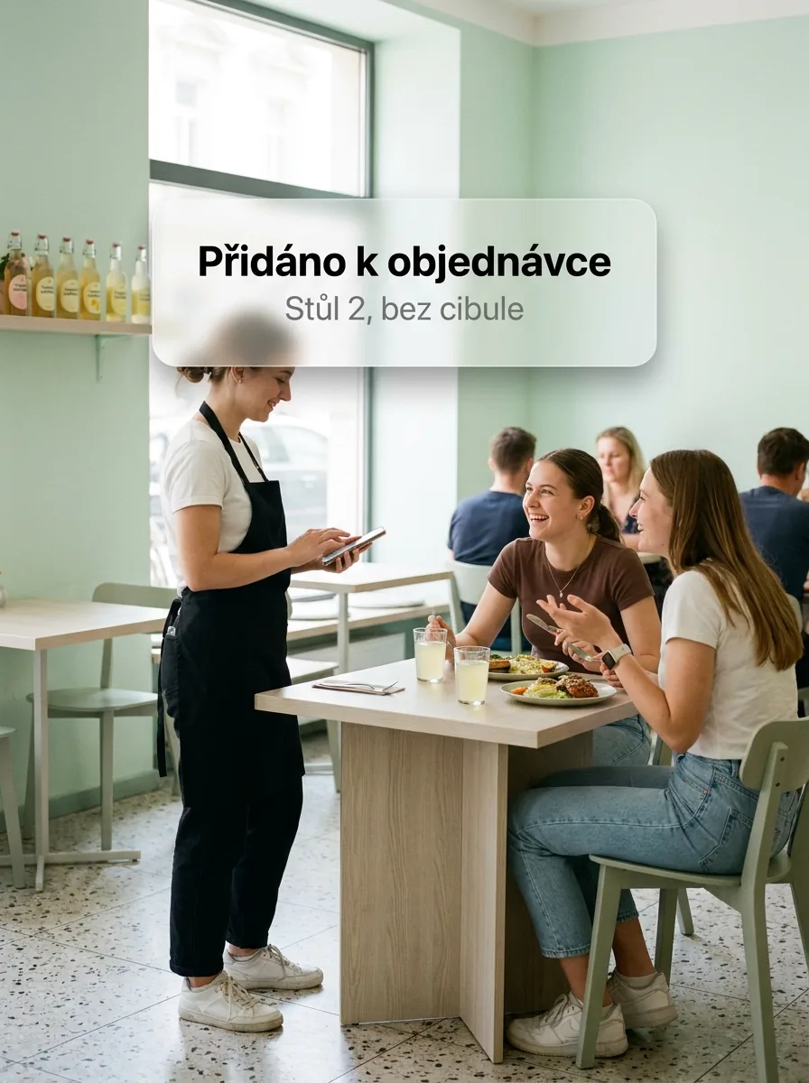Servírka v bistru zadává objednávku stolu do telefonu