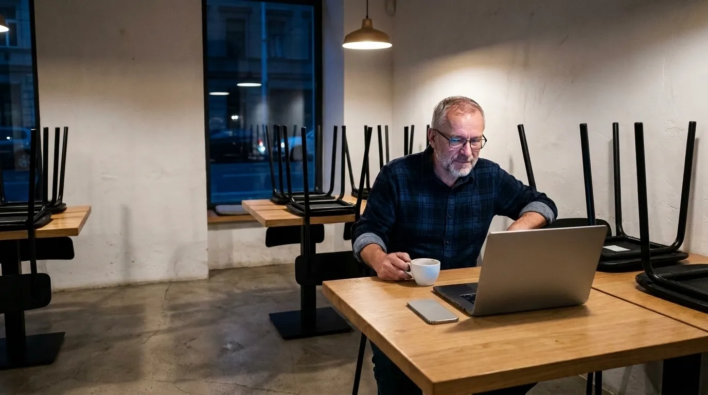 Majitel ráno v prázdné restauraci s notebookem a kávou