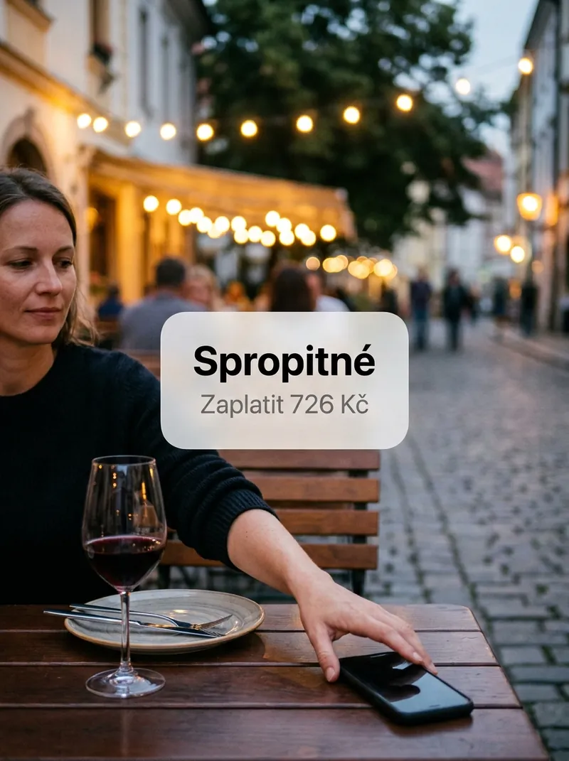 Hostka na večerní zahrádce dává spropitné v telefonu