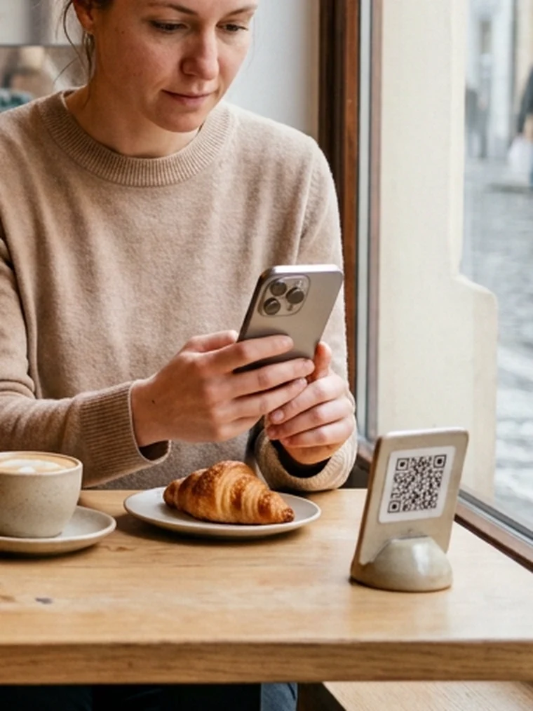Hostka u okna v kavárně s telefonem, na stolku QR stojánek, barista připravuje kávu