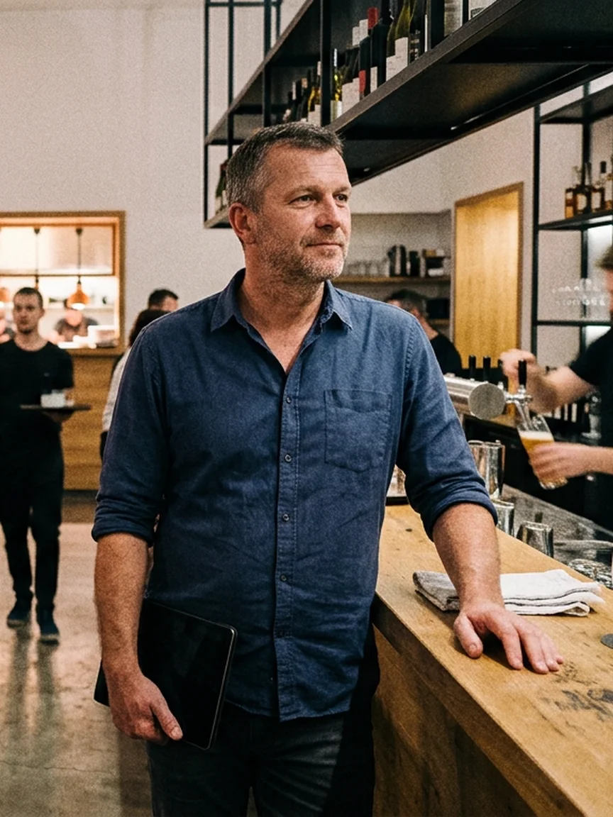 Majitel větší restaurace stojí u baru s tabletem a sleduje večerní provoz