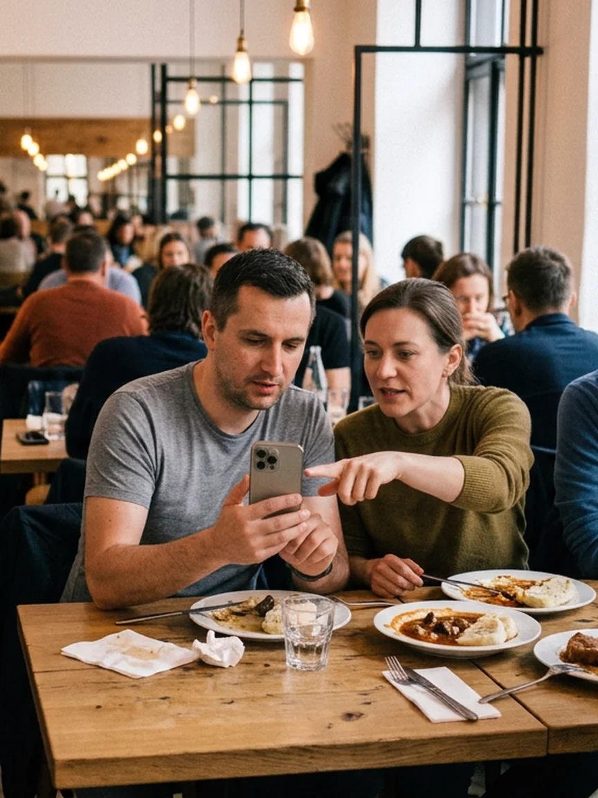 Restaurace v podvečer, plné stoly