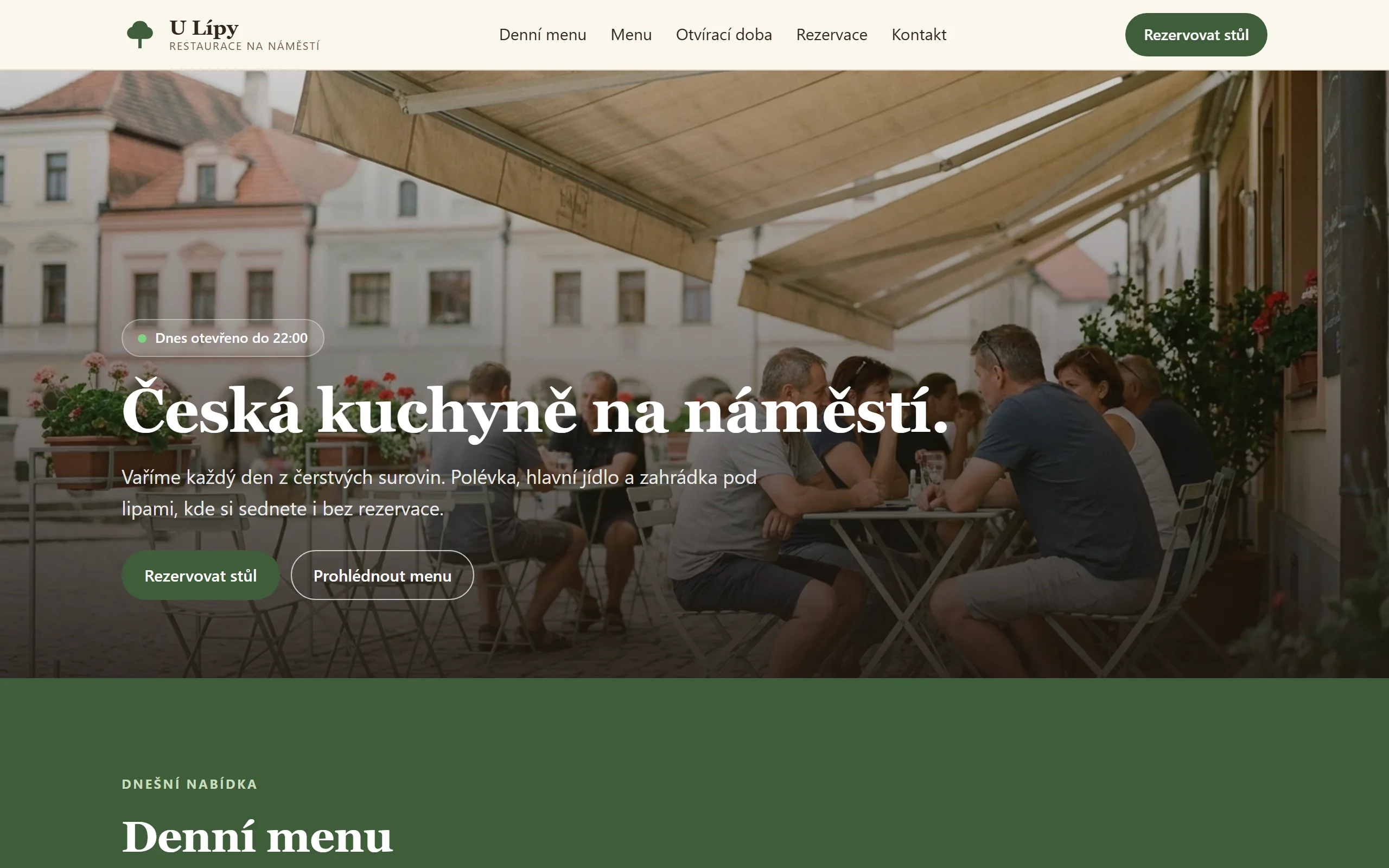 Ukázková stránka restaurace na počítači: hlavička s názvem, velká fotka zahrádky a začátek denního menu.
