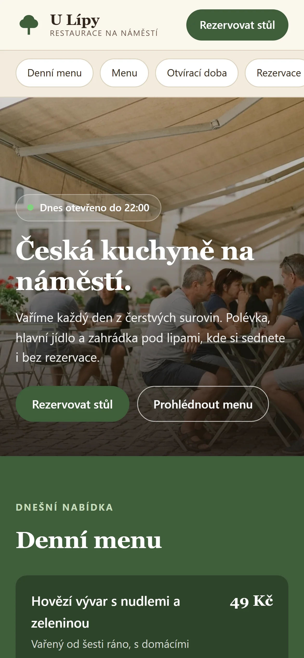 Ta samá ukázková stránka v telefonu: fotka zahrádky, nadpis a první položka denního menu.