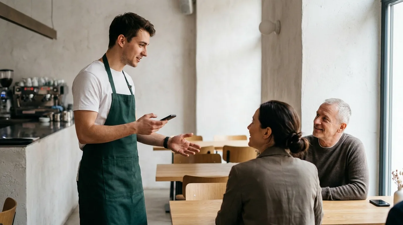 Číšník u stolu objednává hostům ze svého telefonu