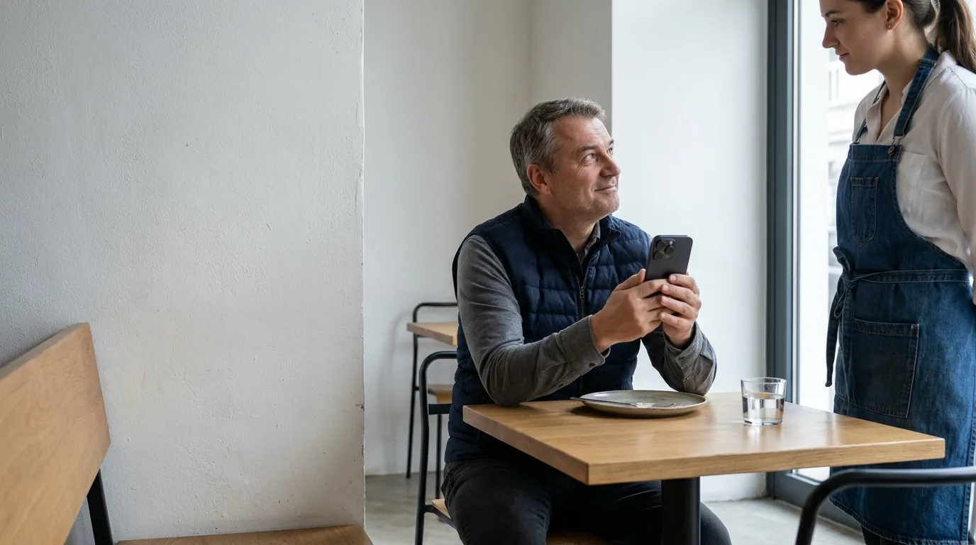Host v bistru drží telefon a usmívá se na servírku, která stojí u stolu