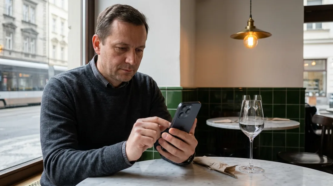 Host v bistru platí účet ze svého telefonu u okna