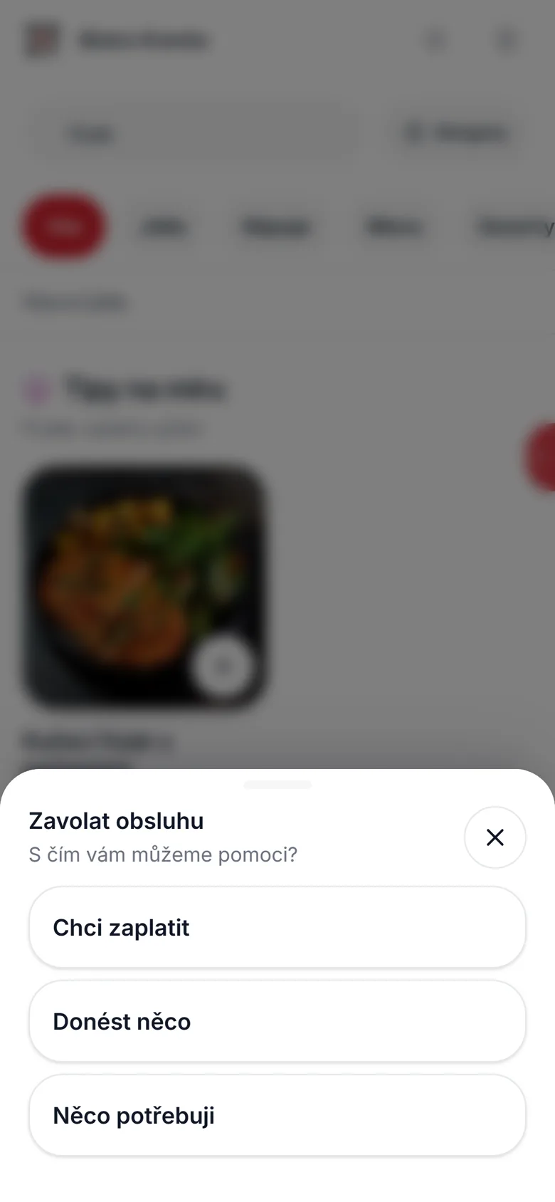 Panel Zavolat obsluhu se třemi důvody