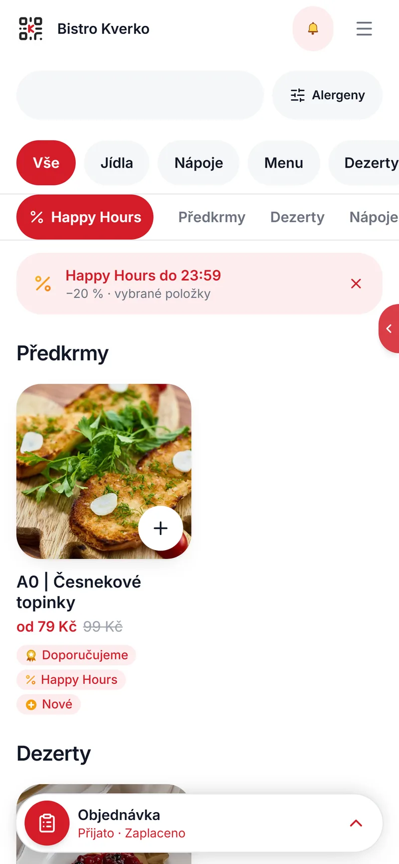Menu v telefonu hosta s pruhem Happy Hours a přeškrtnutou cenou