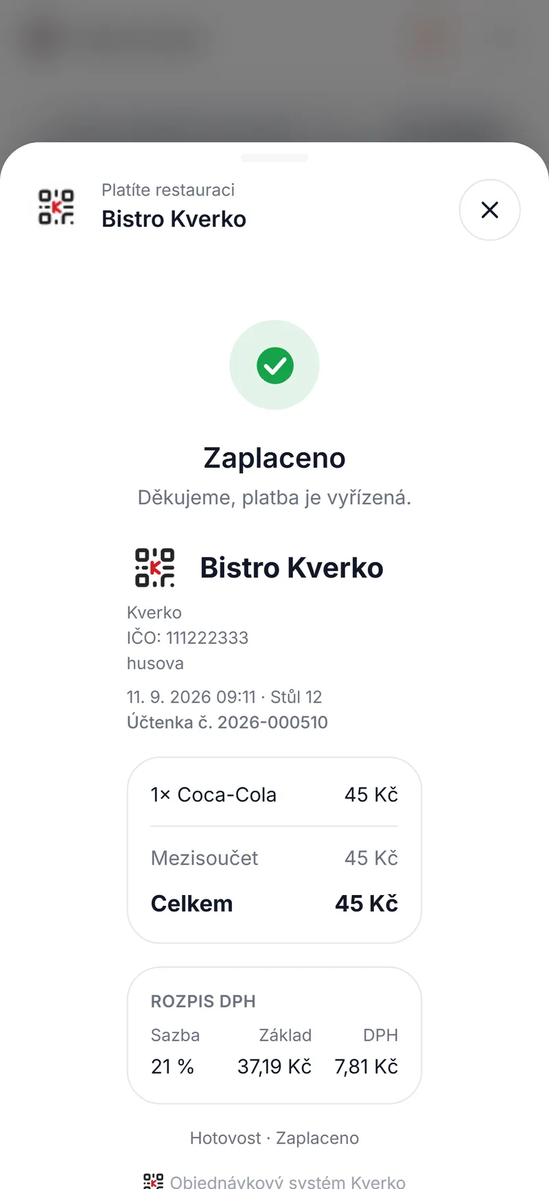 Obrazovka hosta s potvrzením Zaplaceno
