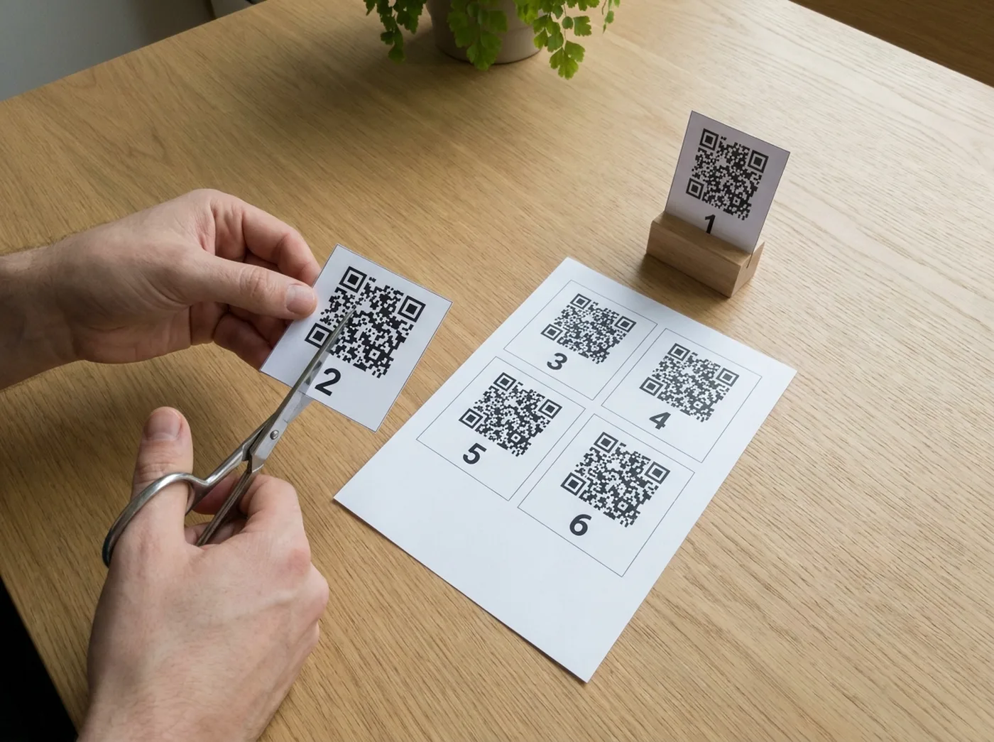 Vytištěný arch s QR kódy na stoly, nůžky a stojánek