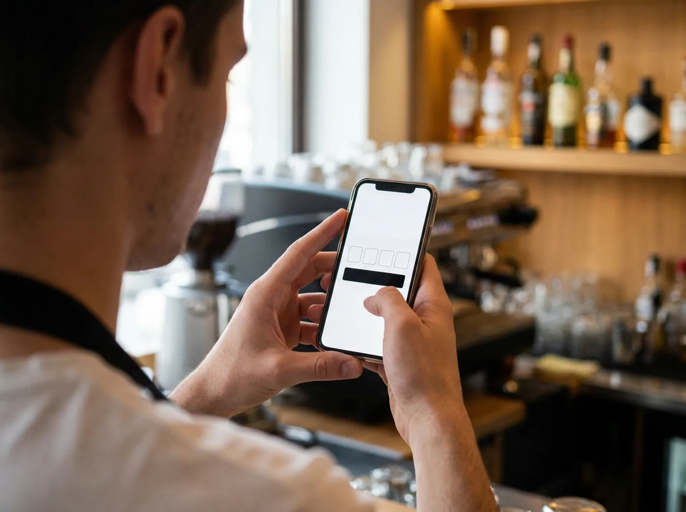 Číšník u baru zadává kód do telefonu