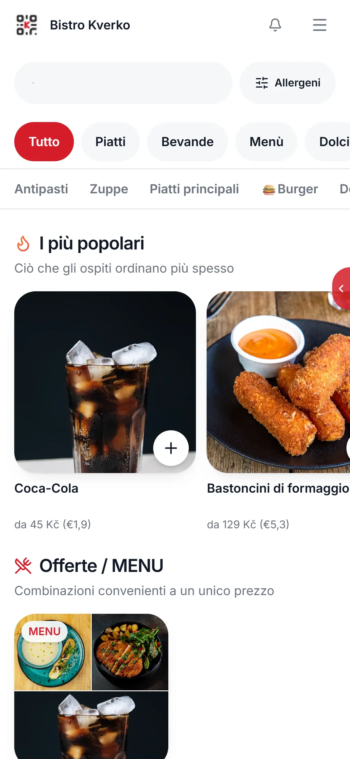 Menu demo restaurace v telefonu v italštině