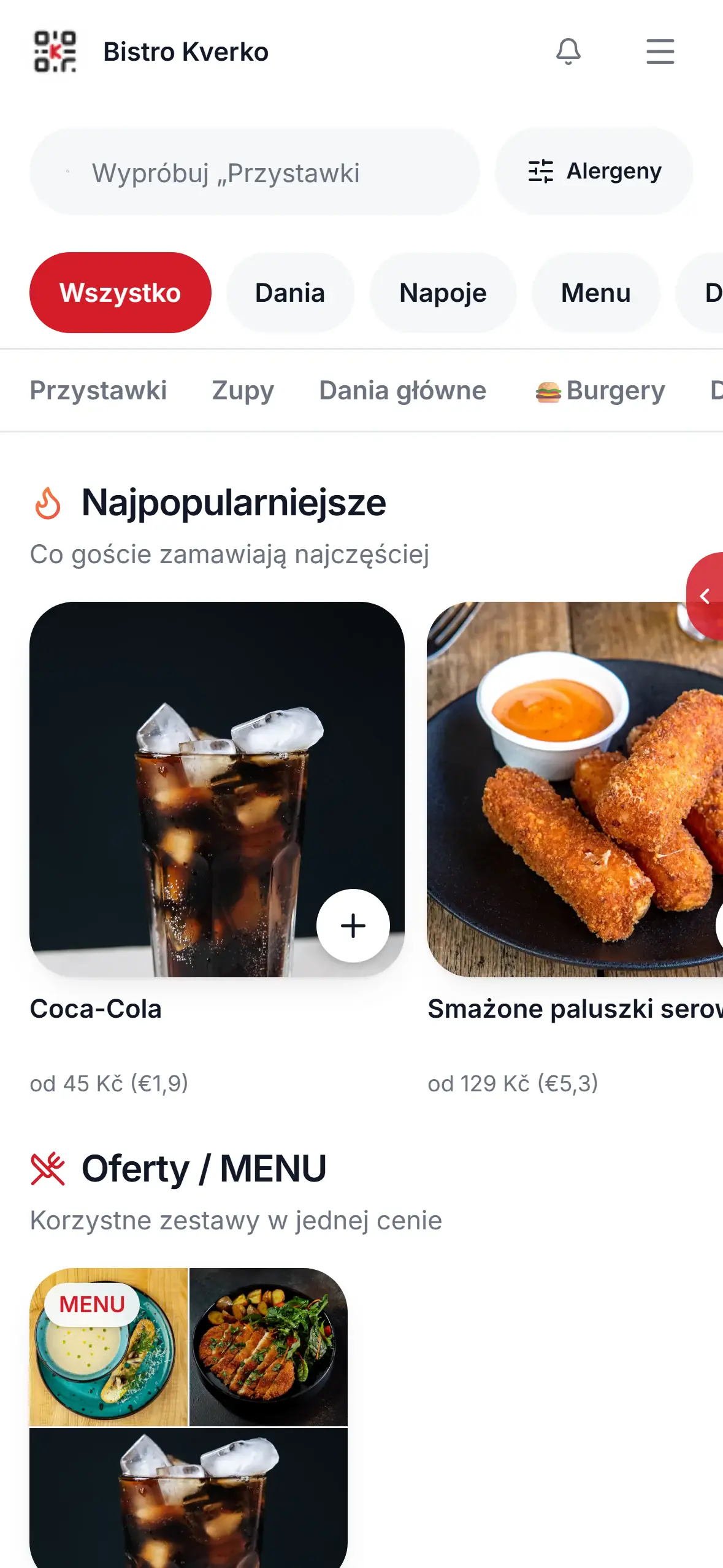 Menu demo restaurace v telefonu v polštině