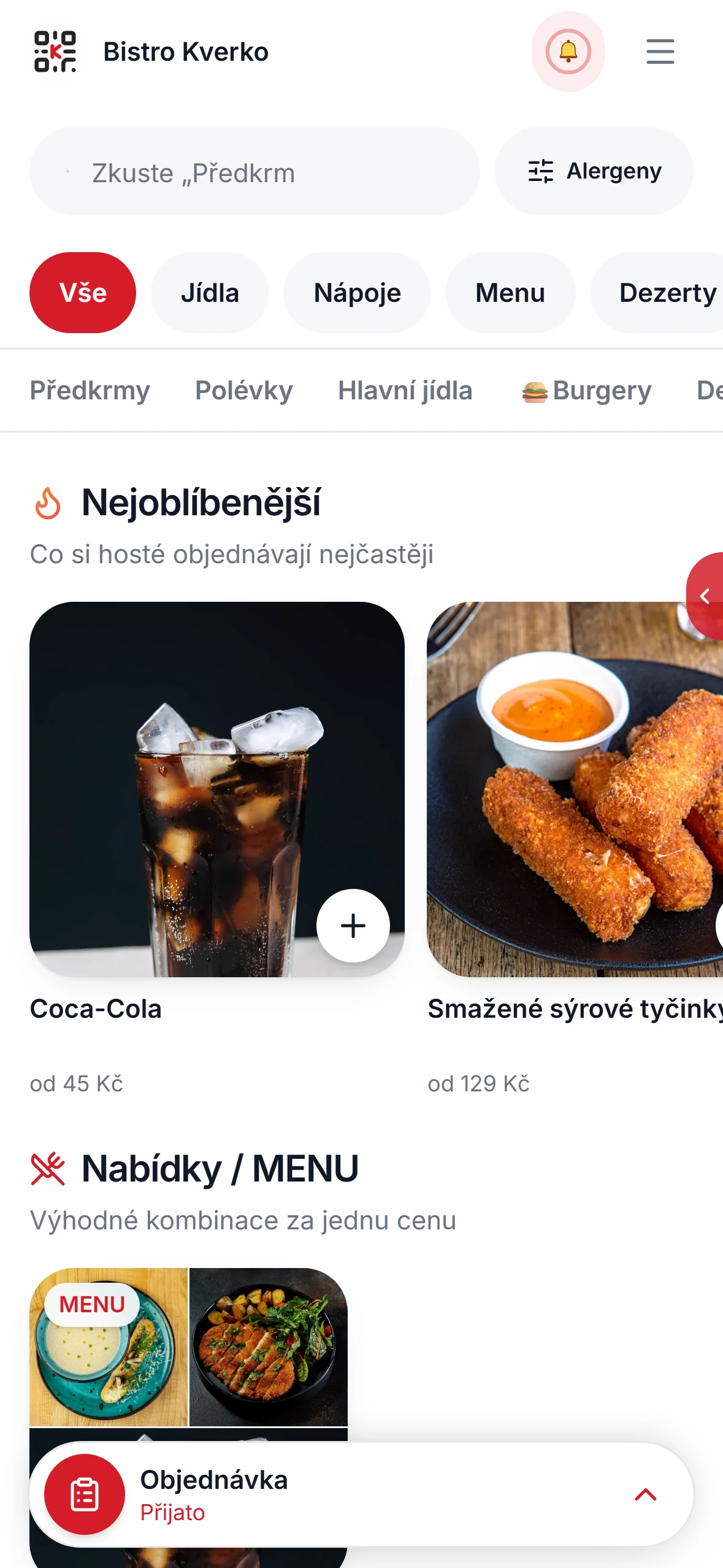 Telefon s menu restaurace: fotky jídel, ceny a kategorie