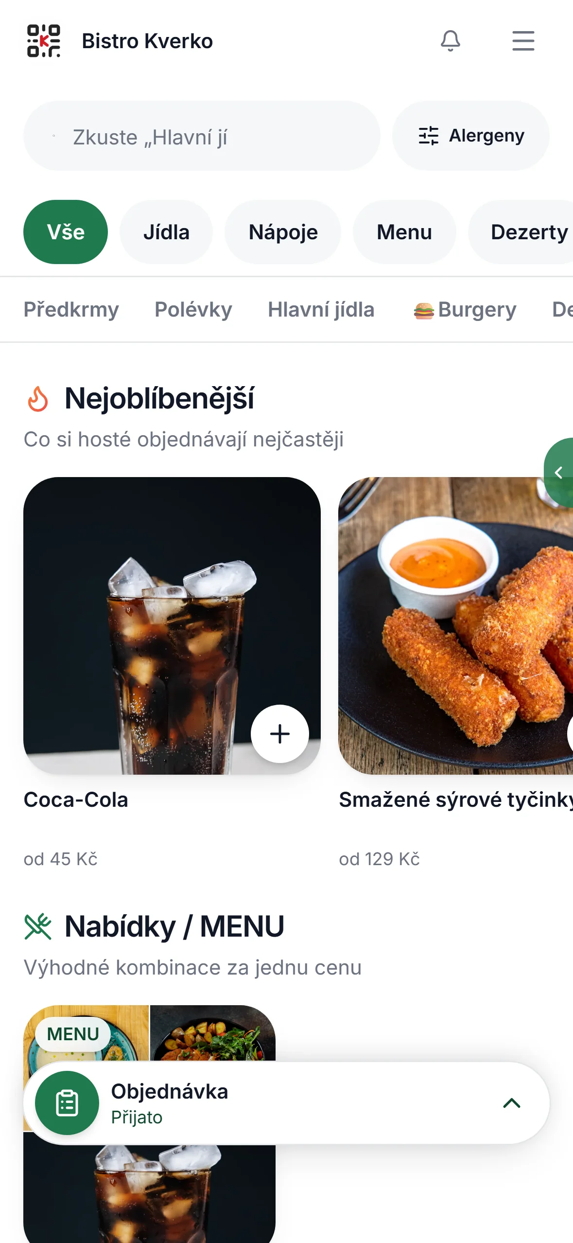 Totéž menu v zelené barvě restaurace