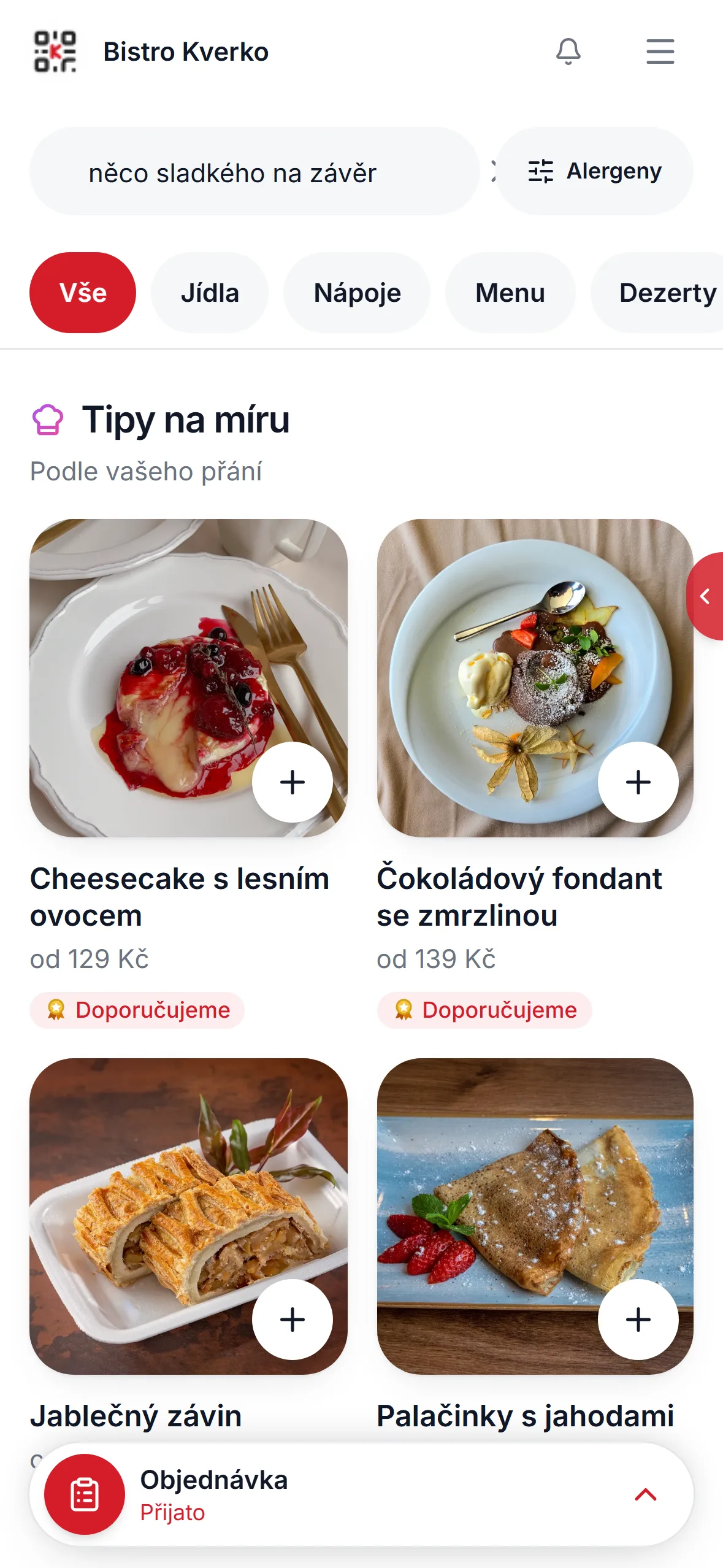 Menu v telefonu: host hledá „něco sladkého na závěr“, appka nabízí dezerty
