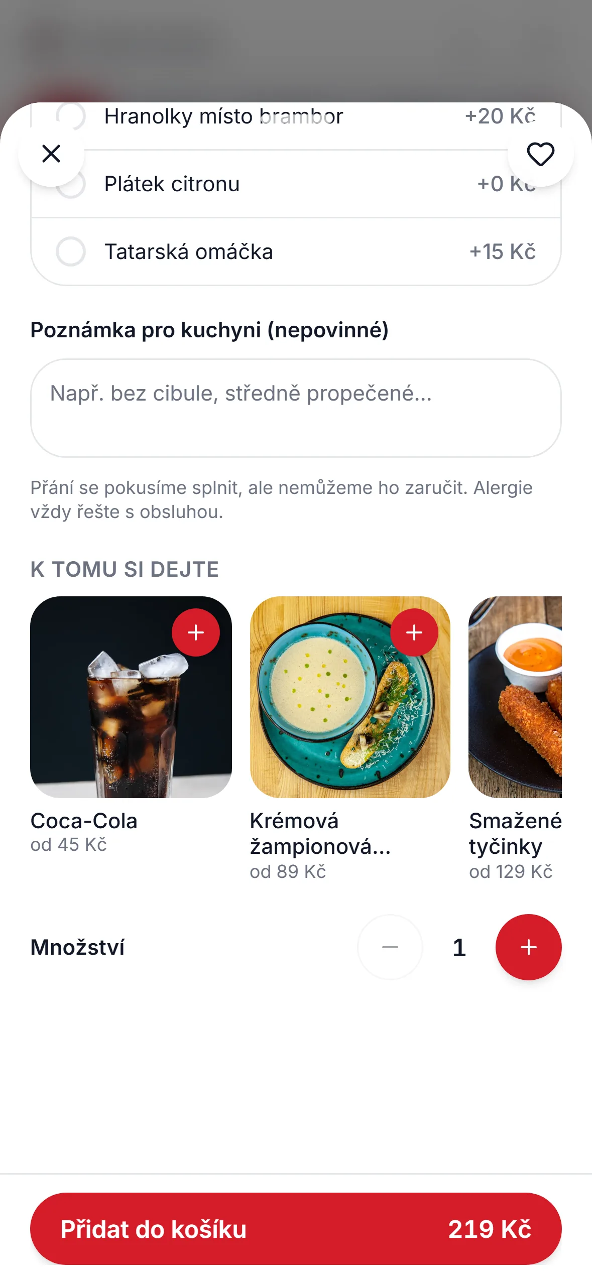 Detail jídla v telefonu s řádkem K tomu si dejte