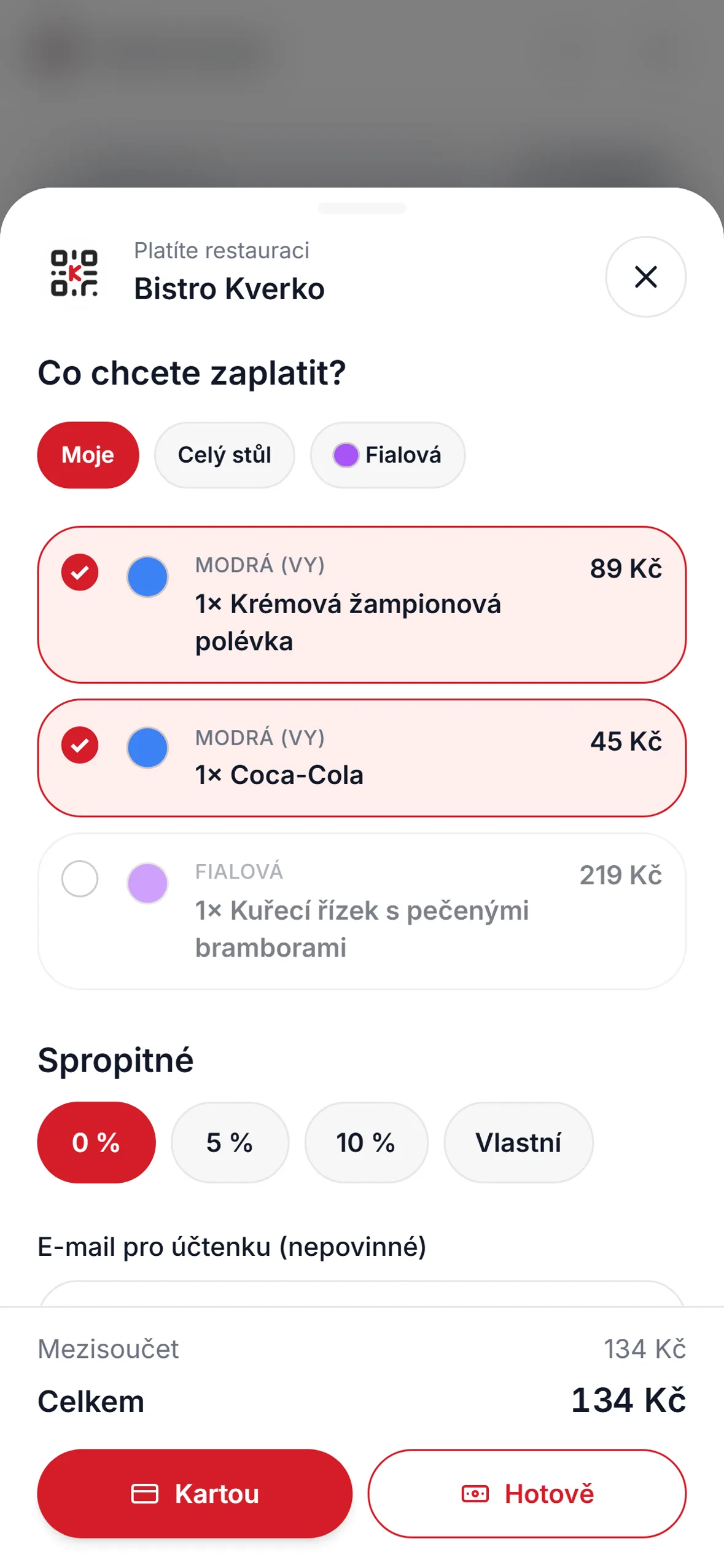 Obrazovka Co chcete zaplatit s výběrem položek